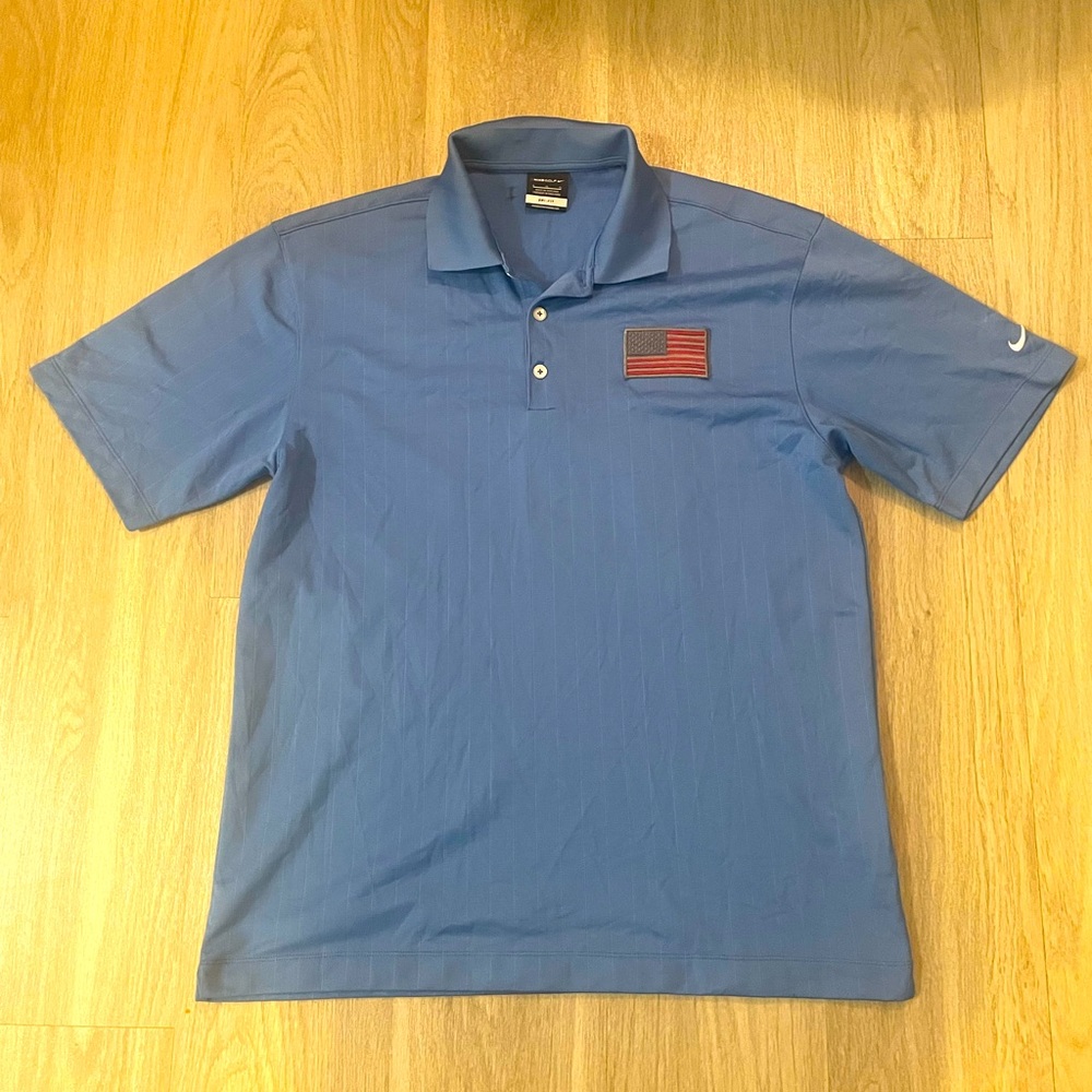 Nike golf collared polo shirt blue w/ American flag patch Size Large